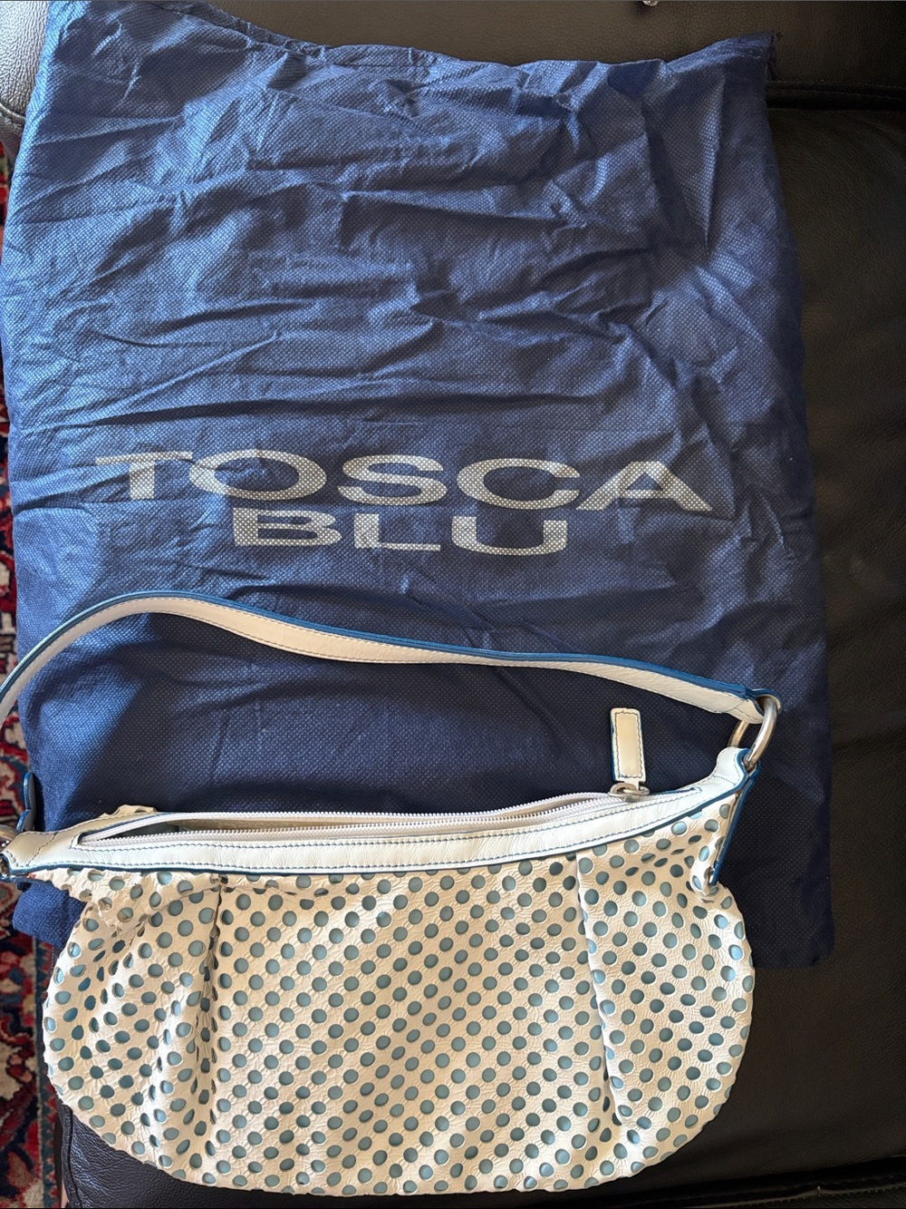 TOSCA BLU White Leather Shoulder Bag with Blue Polka Dot Accents